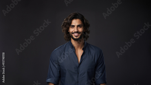 Confident and charismatic Saudi Arabian man with a warm smile and natural beauty. Brunette hair and flawless skin complement his captivating gaze