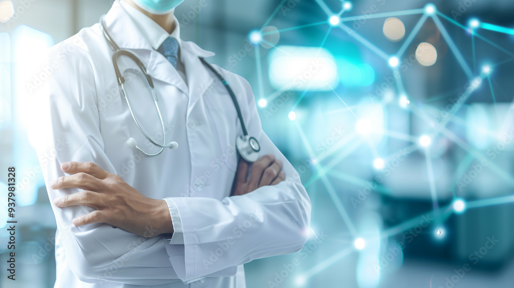 biohacking concept, futuristic image of doctor with arms crossed on his chest against background of luminous lines symbolizing genetics of human communication biotechnology extending human life biohacking concept, futuristic image of doctor with arms crossed on his chest against background of luminous lines symbolizing genetics of human communication biotechnology extending human life