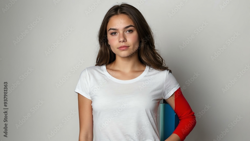 Obraz premium teen stunning brunette american woman with black shirt model portrait standing straight on a plain white background for ad concept space for text