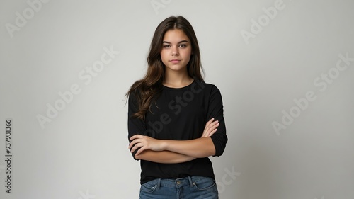 teen stunning brunette american woman with black shirt model portrait standing straight on a plain white background for ad concept space for text
