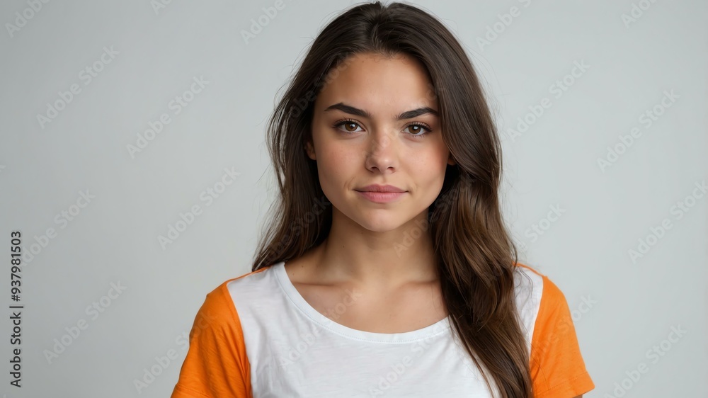 Obraz premium teen stunning brunette american woman with orange shirt model portrait standing straight on a plain white background for ad concept space for text