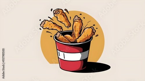 Flying Fried Chicken with Bucket - Cartoon Fast Food Vector Icon Illustration photo