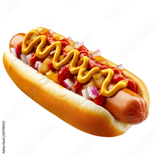 Classic hot dog with mustard, ketchup, and onions photo