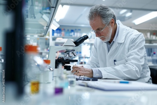 A senior scientist with a white lab coat concentrates intently on his research using a microscope in a well-lit laboratory.