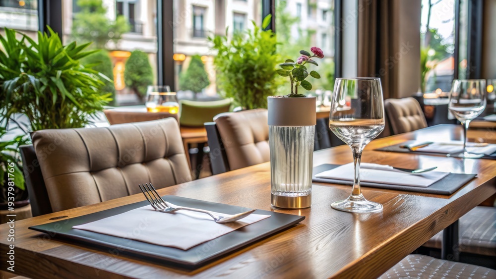 Fototapeta premium Modern Restaurant Table Setting With Menu, Silverware, And Water Glass, Showcasing Contemporary Dining Ambiance And Food Presentation