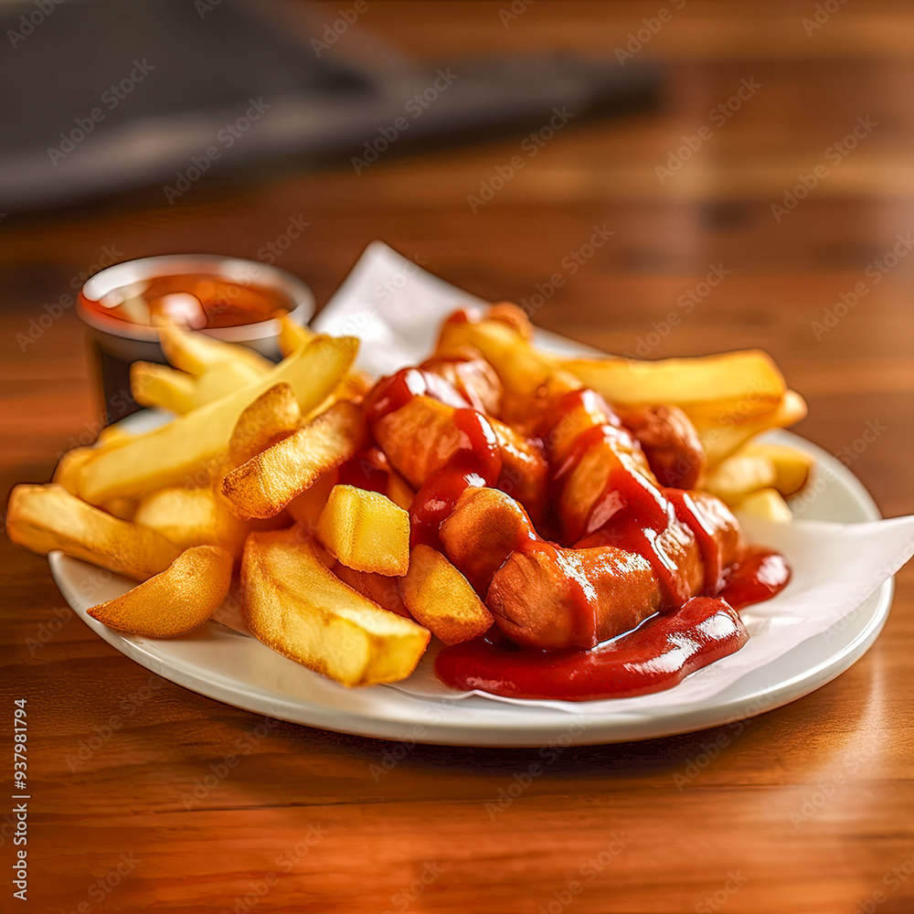 Leckere Currywurst mit Pommes, Generative AI
