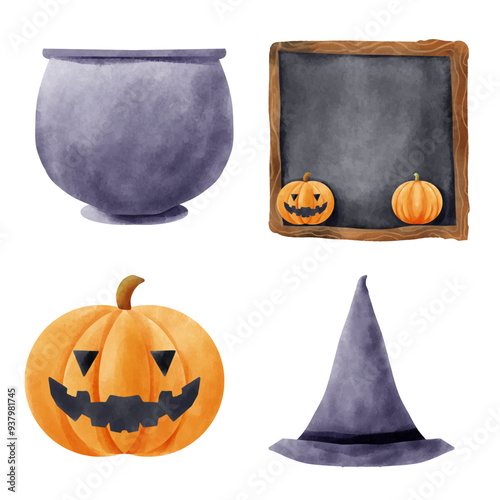 watercolor halloween elements Jack O’lantern, witch’s hat, pot and cute black chalkboard on white background, vector illustration.