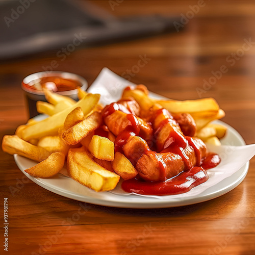 Obraz na płótnie Leckere Currywurst mit Pommes, Generative AI w salonie