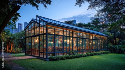 a glass house with a green lawn and trees