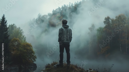 A lone figure stands on a cliff overlooking a misty forest.