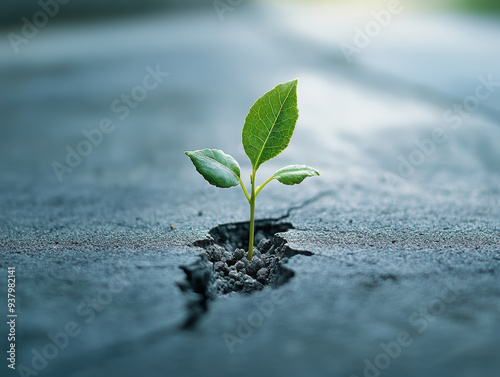 A resilient green plant breaks through the concrete, symbolizing hope and growth in challenging environments.