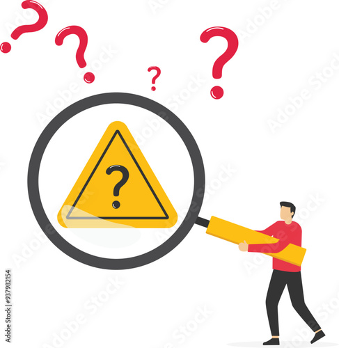 Problem analysis or problem management, analyze or investigate for root cause or incident, finding solution or discover threat or uncertain, businessman with magnifying glass analyze question marks.