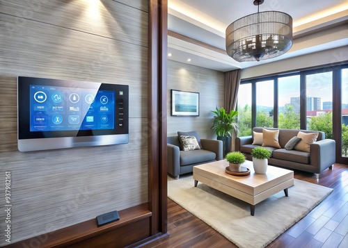 Modern smart home technology features a centric remote control system with a digital dashboard for intuitive air conditioning, safety, and security network management.