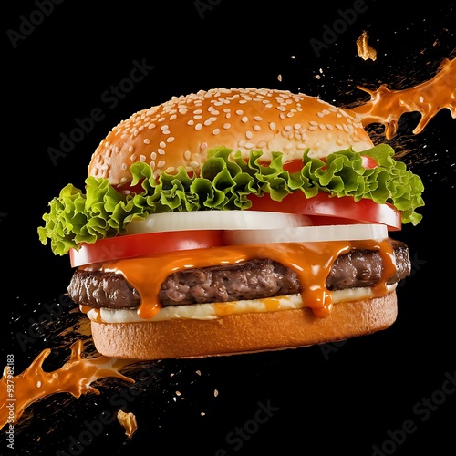 Juicy burgers with fresh toppings floating against a dark background