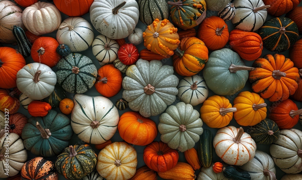 Top view of a variety of colorful pumpkins and gourds arranged together. Flat lay composition for autumn decor and Thanksgiving design Top view of a variety of colorful pumpkins and gourds arranged together. Flat lay composition for autumn decor and Thanksgiving design