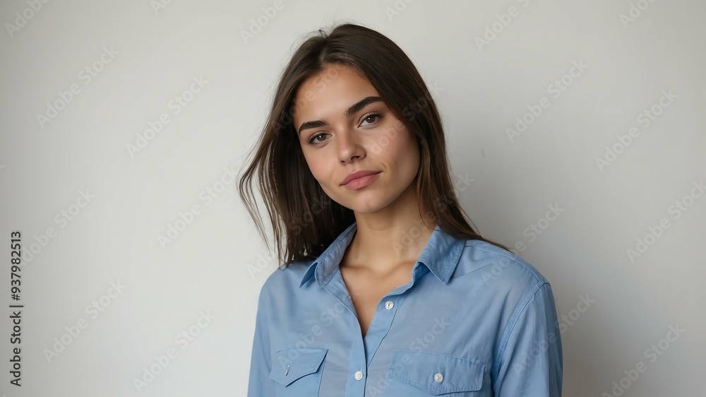 Obraz premium teen stunning brunette european woman with blue shirt model portrait standing straight on a plain white background for ad concept space for text