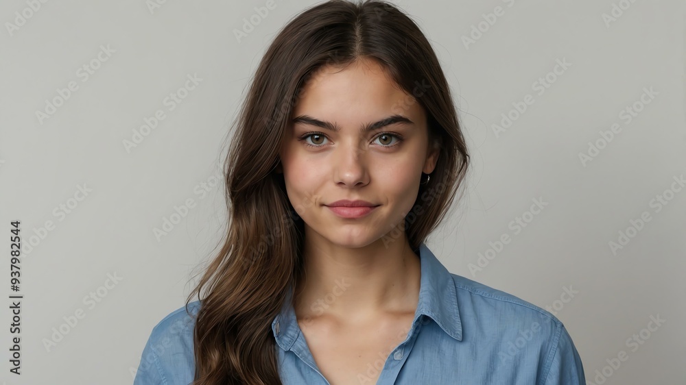 Obraz premium teen stunning brunette european woman with blue shirt model portrait standing straight on a plain white background for ad concept space for text