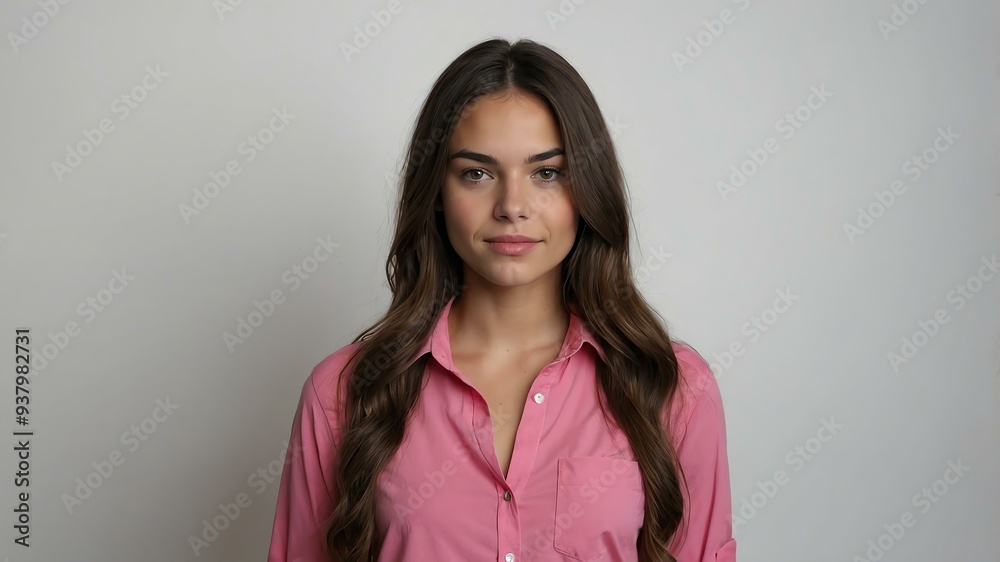 Fototapeta premium teen stunning brunette european woman with pink shirt model portrait standing straight on a plain white background for ad concept space for text