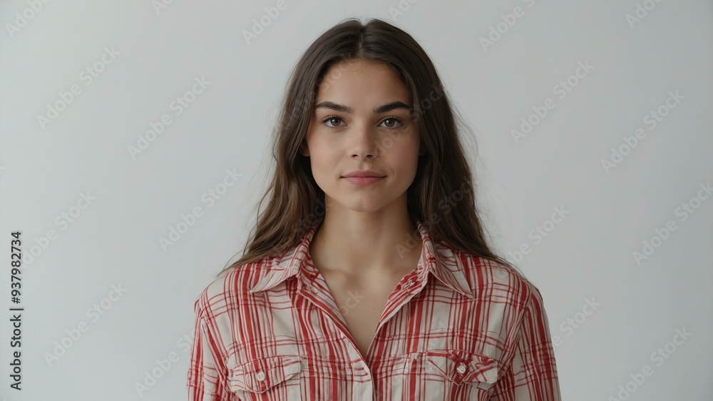 Fototapeta premium teen stunning brunette european woman with red shirt model portrait standing straight on a plain white background for ad concept space for text