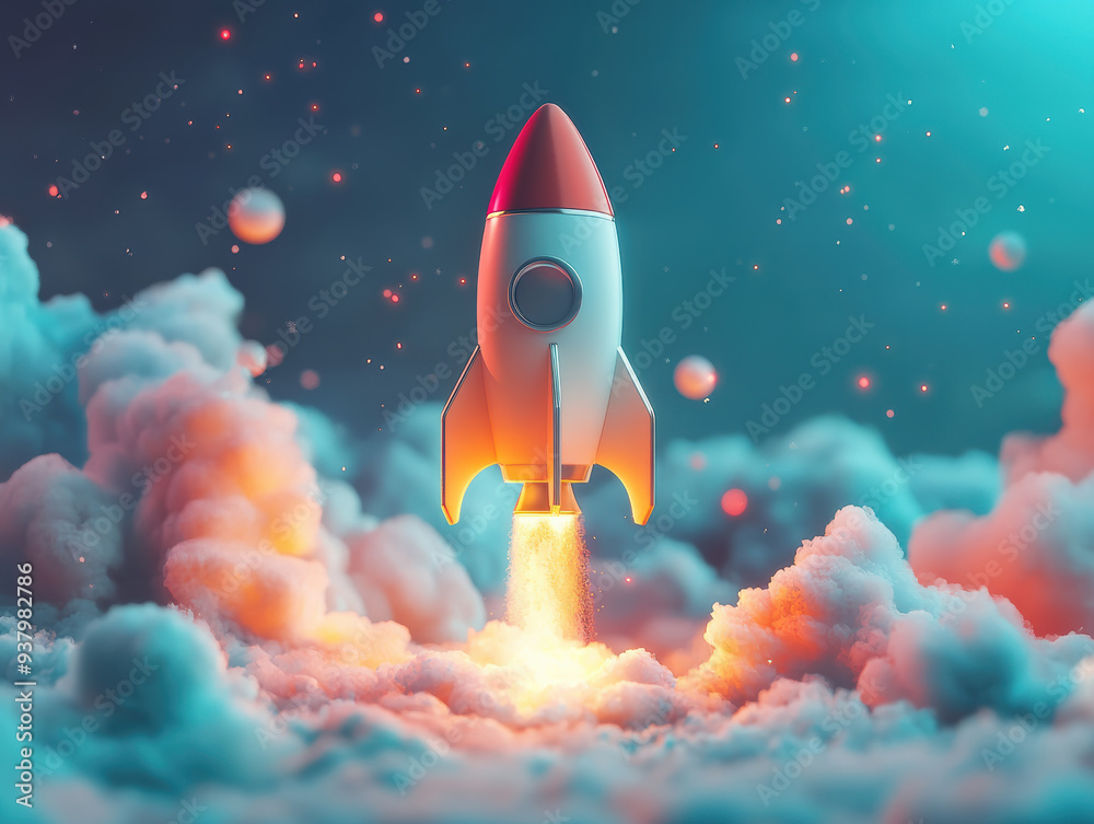 A vibrant rocket launching into space, leaving colorful clouds behind. Perfect for projects related to exploration and innovation.