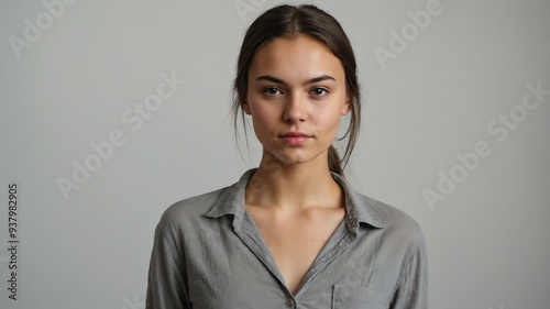 teen stunning brunette finnougric woman with gray shirt model portrait standing straight on a plain white background for ad concept space for text photo