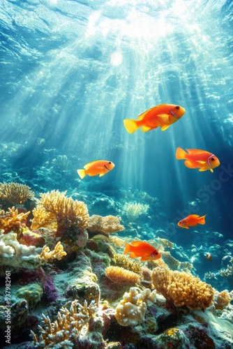 fish swimming in the ocean with sunlight shining on them photo