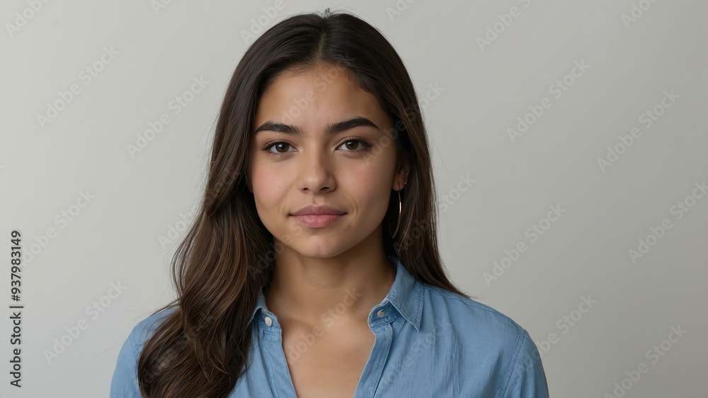 Obraz premium teen stunning brunette hispanic woman with blue shirt model portrait standing straight on a plain white background for ad concept space for text