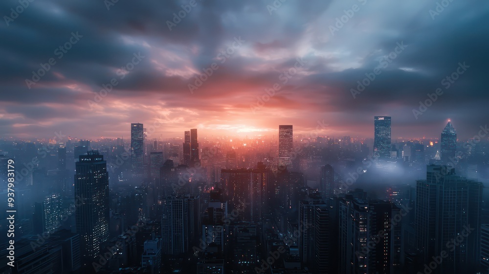 Fototapeta premium A city skyline with a beautiful sunset in the background. The sky is cloudy and the sun is setting, creating a moody atmosphere