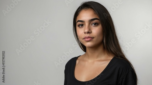 teen stunning brunette hispanic woman with black shirt model portrait standing straight on a plain white background for ad concept space for text