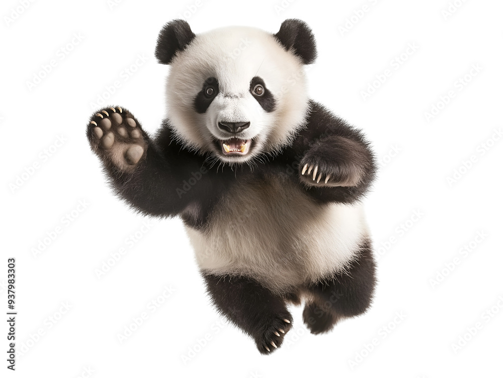 Obraz premium photo of a panda floating mid-air on isolated background 