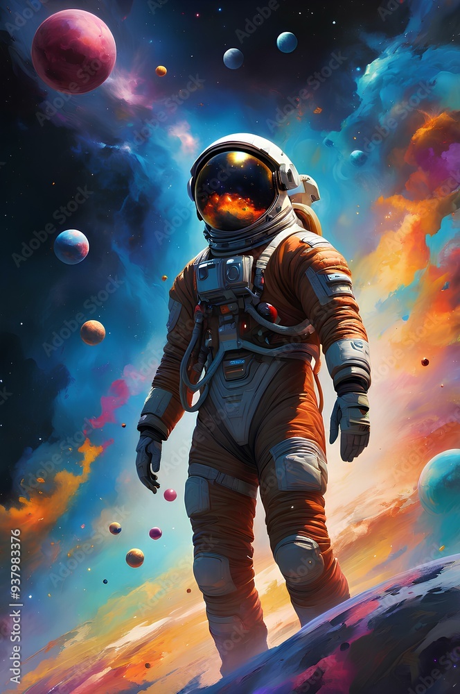 Fototapeta premium Astronaut in Spacesuit on Rocky Terrain Against Cosmic Backdrop