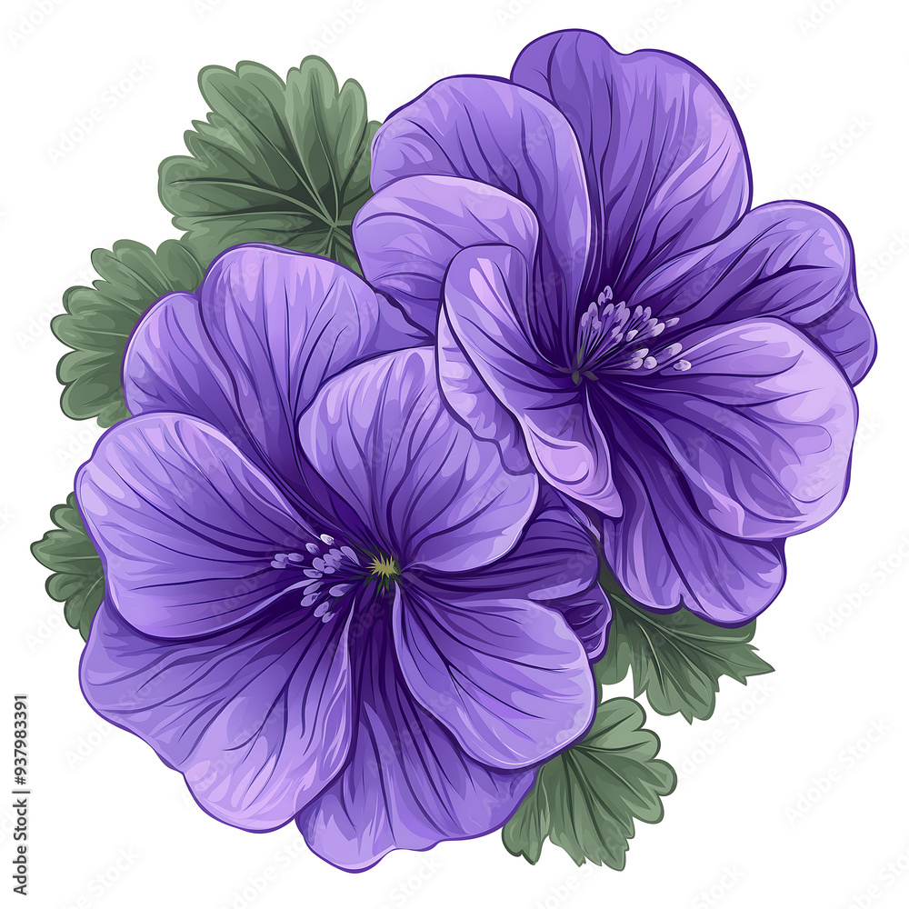 olated Purple Geranium Flower Clipart, Social Media Art Illustration on Clean White Background