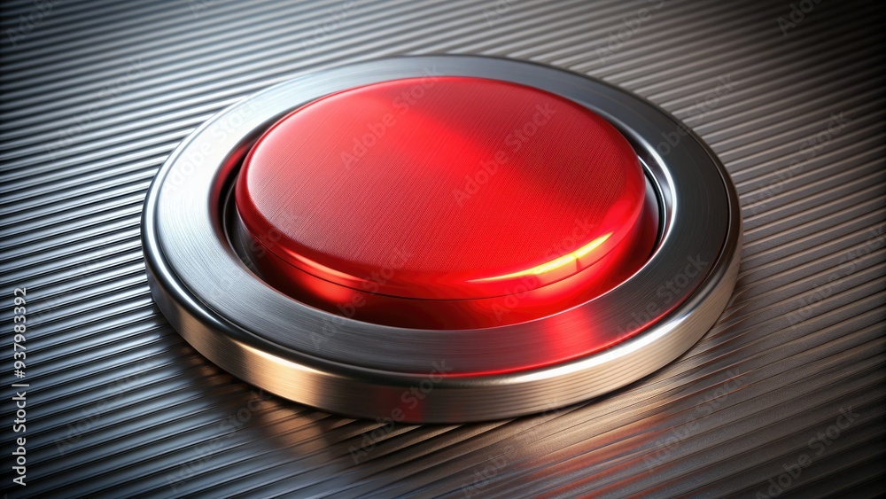 A bright red circular button with a pronounced click stick protrudes from a sleek metal panel, emitting a bold, attention-grabbing glow in a modern aesthetic. A bright red circular button with a pronounced click stick protrudes from a sleek metal panel, emitting a bold, attention-grabbing glow in a modern aesthetic.