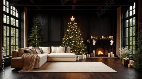 A cozy living room with a large Christmas tree and a fireplace. The room is decorated with Christmas lights and a white couch