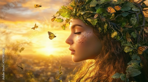 a woman with leaves in her hair and butterflies flying around her photo