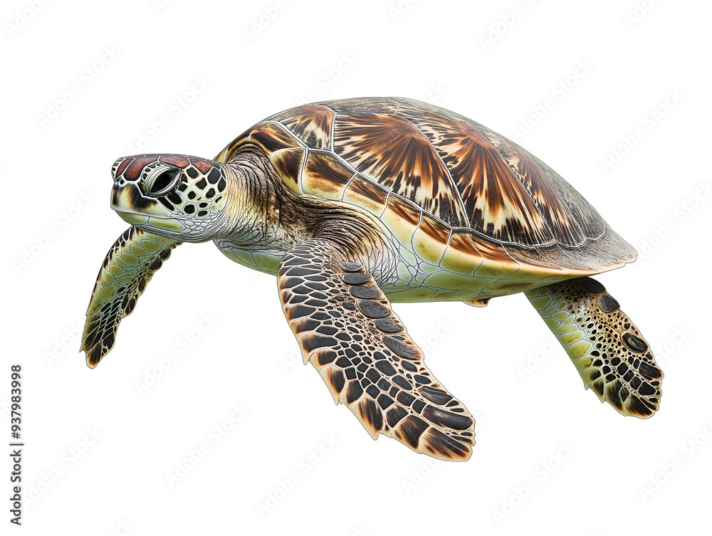Fototapeta premium photo of a sea turtle floating mid-air on isolated background 
