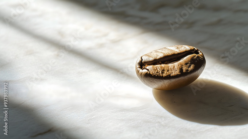 Close-up of a single coffee bean casting a dramatic shadow on a marble surface, emphasizing texture and light contrast.