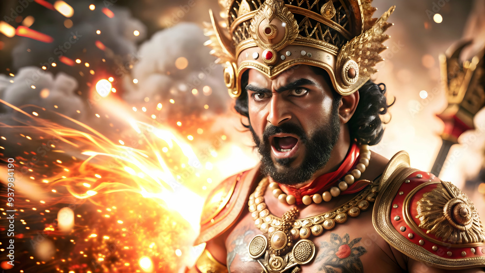 Glowing Abstract Ravana with Defeat Text concept as A powerful glowing abstract digital art depicting Ravanas defeat with a focus on his symbolic fall. The image uses vibrant colors and light effects 