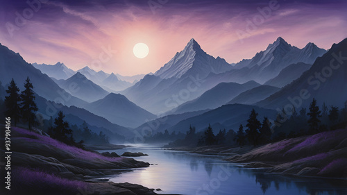 Pre-Dawn Tranquility: A Majestic Mountain Scene in Soft Moonlight.