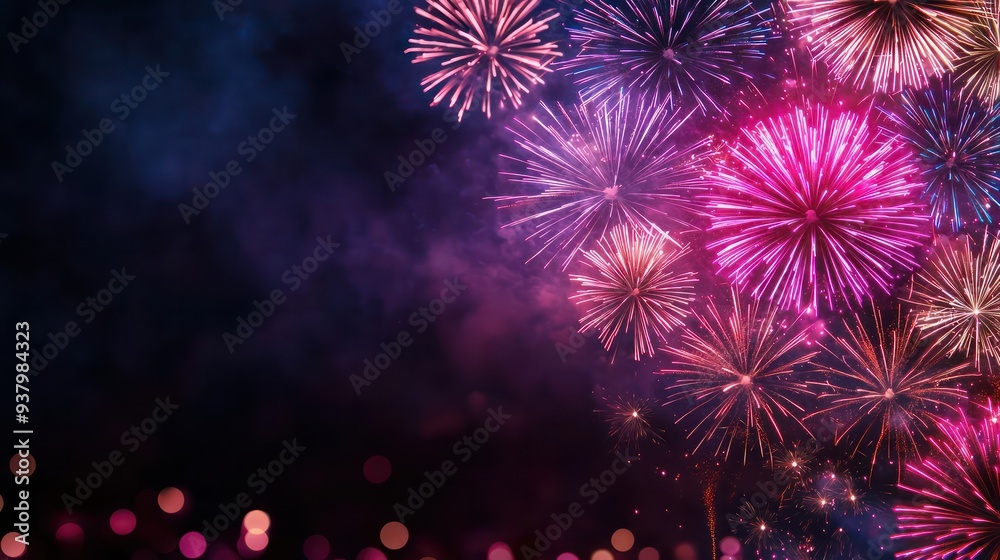 Fototapeta premium A fireworks display with a dark background. The fireworks are in various colors and are lit up. Scene is celebratory and festive