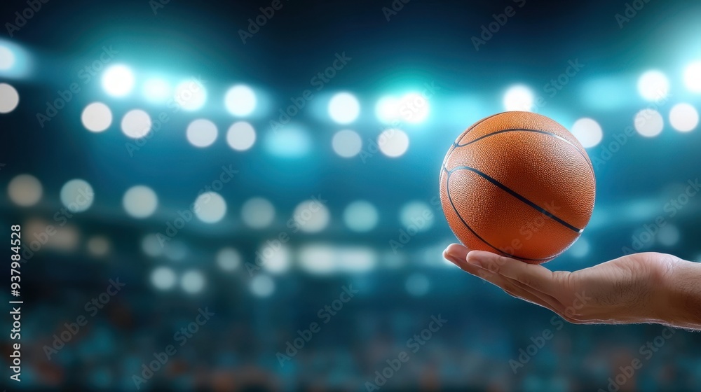 A dramatic close-up of a basketball spinning on a player's fingertip, with the crowd blurred in the background under stadium lights A dramatic close-up of a basketball spinning on a player's fingertip, with the crowd blurred in the background under stadium lights