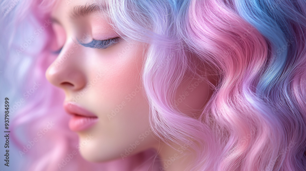 Radiant Skin and Soft Purple Hair - Artistic Close-Up of a Woman with Freckles and Wavy Hairstyle, for Beauty Salon Radiant Skin and Soft Purple Hair - Artistic Close-Up of a Woman with Freckles and Wavy Hairstyle, for Beauty Salon