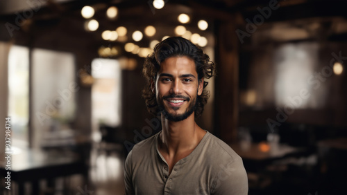 Charming portrait of a young Mexican man with a warm smile and natural beauty. Brunette hair and flawless skin complement his captivating gaze