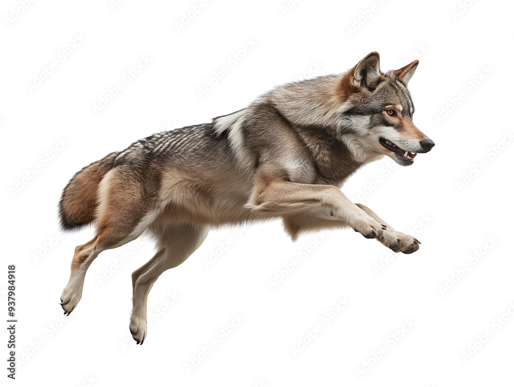 Fototapeta premium photo of a wolf floating mid-air on isolated background 