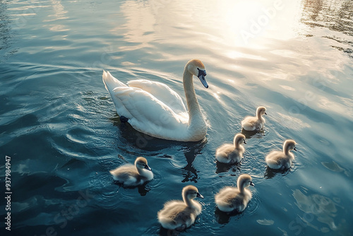 Fototapeta Naklejka Na Ścianę i Meble -  hyper realistic High angle view of large mute swan beautiful background