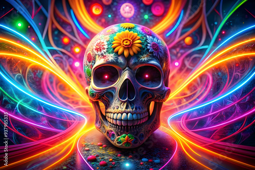 Glowing Calavera Skull in Abstract Digital Light concept as A vibrant digital artwork featuring a glowing calavera skull surrounded by swirling neon lights and abstract patterns representing the spiri