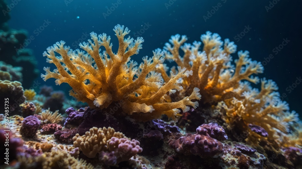 Close-up imonege of one coronel reef with glowing oronenge polyps. Close-up imonege of one coronel reef with glowing oronenge polyps.