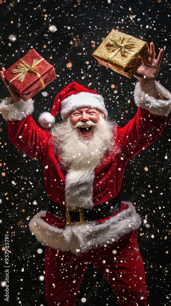 a santa claus holding up two presents a santa claus holding up two presents
