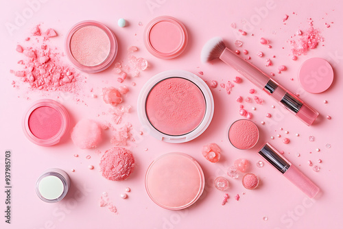 Beautiful pink background with cosmetics top view Makeup and Beauty Concept