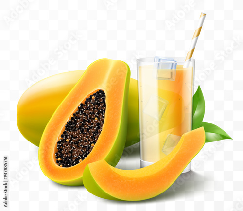 A glass of natural fresh papaya juice or smoothie with ice cubes. Cup of cocktail or yogurt with ripe papaya and ice cubes, isolated on transparent background. Realistic 3d vector illustration